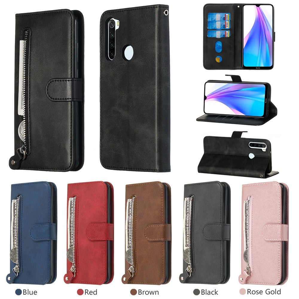 For Xiaomi Redmi Note 8T PU Leather Cases with Zipper Pocket Wallet Phone Cover Stand