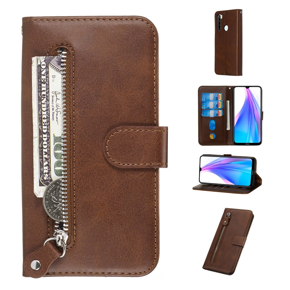For Xiaomi Redmi Note 8T PU Leather Cases with Zipper Pocket Wallet Phone Cover Stand