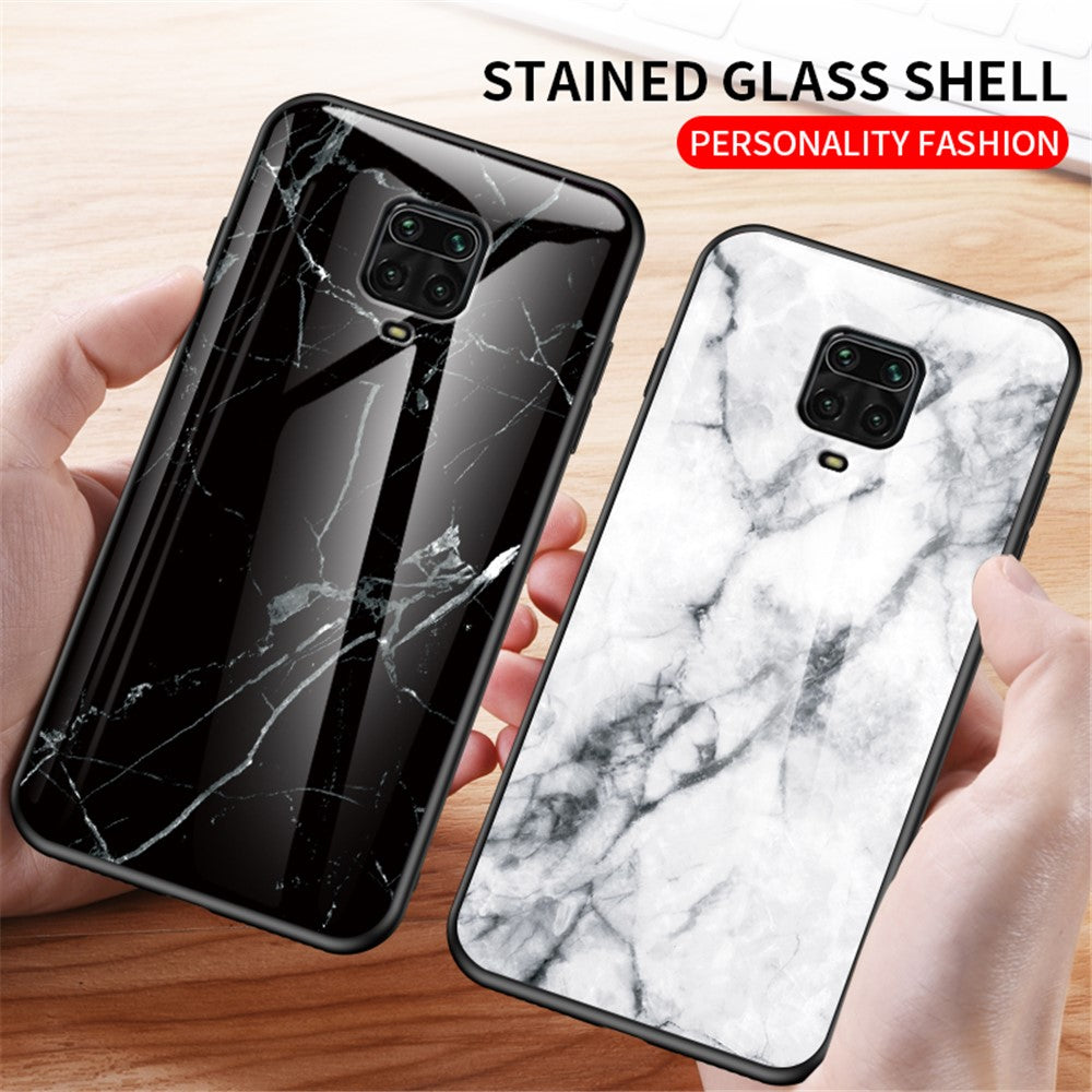 Marble Texture Tempered Glass + PC + TPU Hybrid Shell Case for Xiaomi Redmi Note 9S