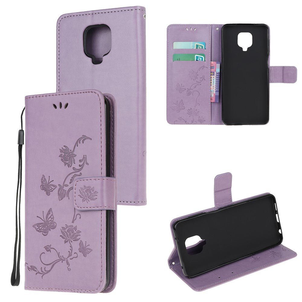 Imprint Butterfly Flowers Leather Wallet Phone Case for Xiaomi Redmi Note 9 Pro