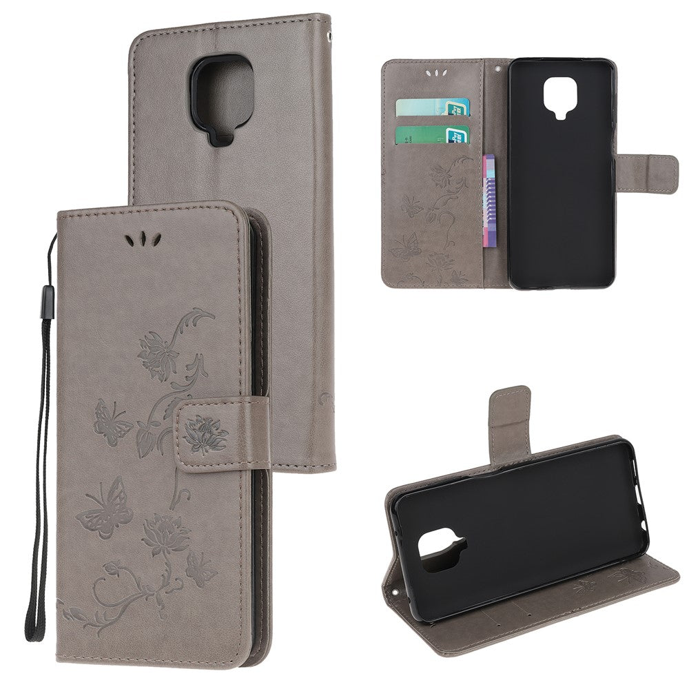 Imprint Butterfly Flowers Leather Wallet Phone Case for Xiaomi Redmi Note 9 Pro