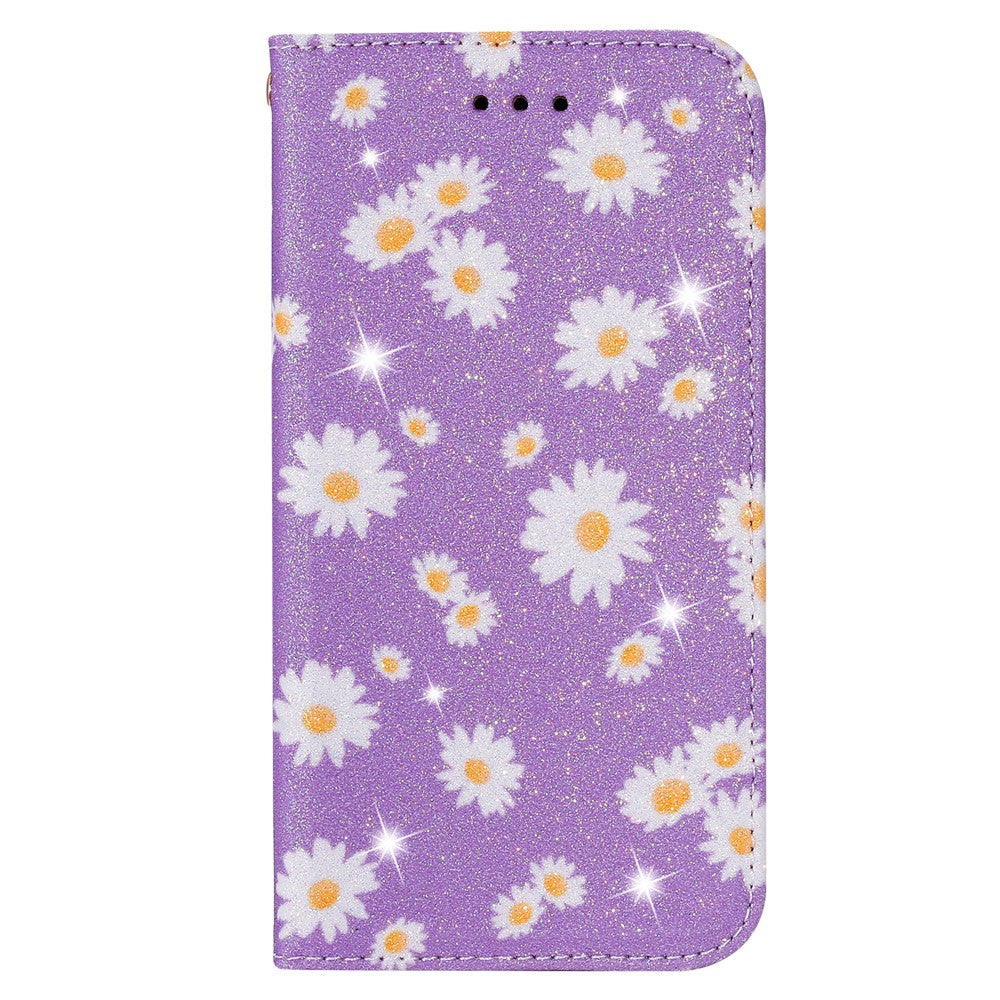 Daisy Pattern Flash Powder Card Holder Flip Leather Phone Cover for Xiaomi Redmi Note 9