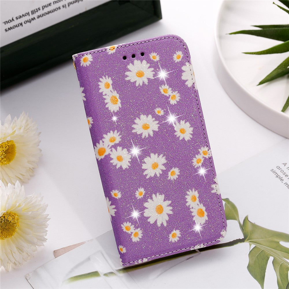 Daisy Pattern Flash Powder Card Holder Flip Leather Phone Cover for Xiaomi Redmi Note 9