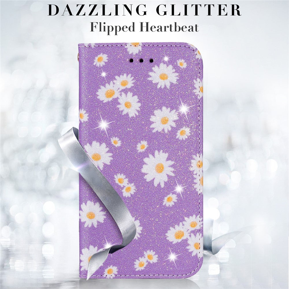 Daisy Pattern Flash Powder Card Holder Flip Leather Phone Cover for Xiaomi Redmi Note 9