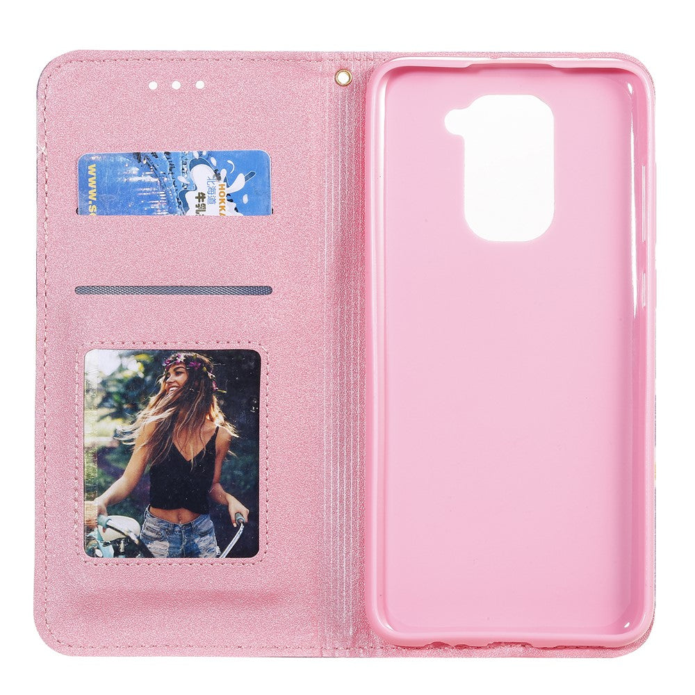 Daisy Pattern Flash Powder Card Holder Flip Leather Phone Cover for Xiaomi Redmi Note 9