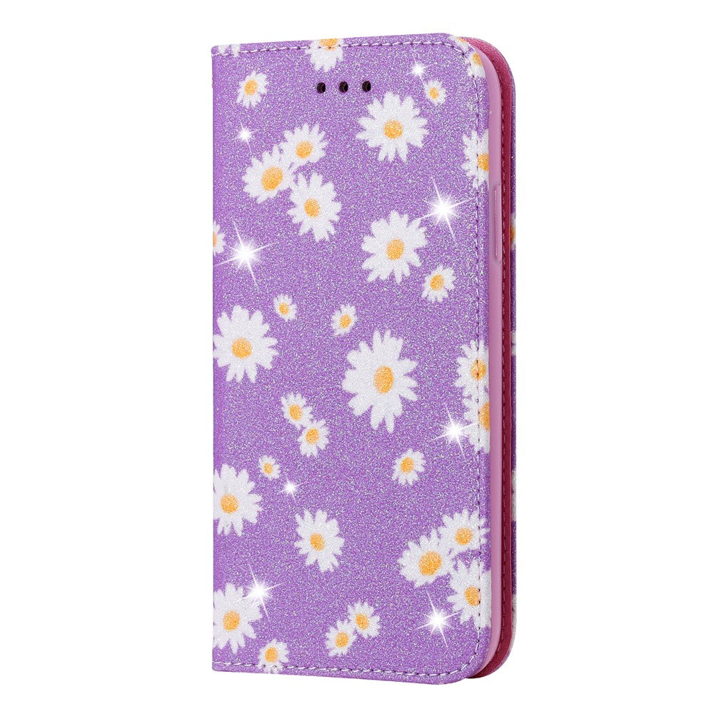 Daisy Pattern Flash Powder Card Holder Flip Leather Phone Cover for Xiaomi Redmi Note 9