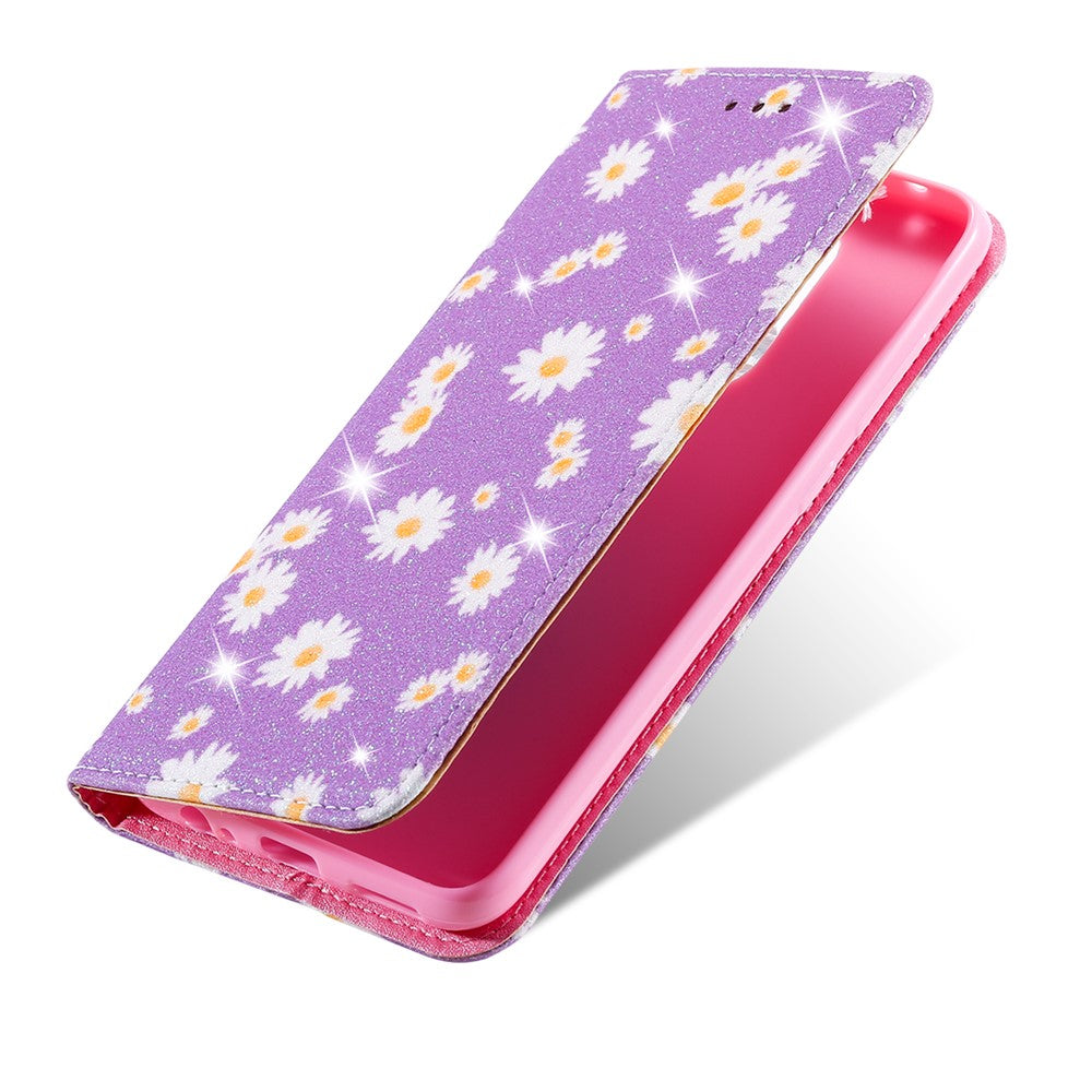 Daisy Pattern Flash Powder Card Holder Flip Leather Phone Cover for Xiaomi Redmi Note 9