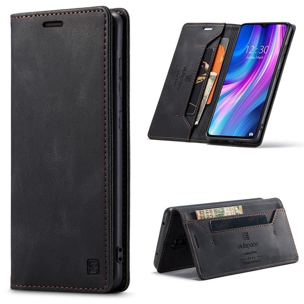 AUTSPACE A01 Series RFID Blocking Retro Matte Leather Case Wallet for Xiaomi Redmi Note 8 Pro
