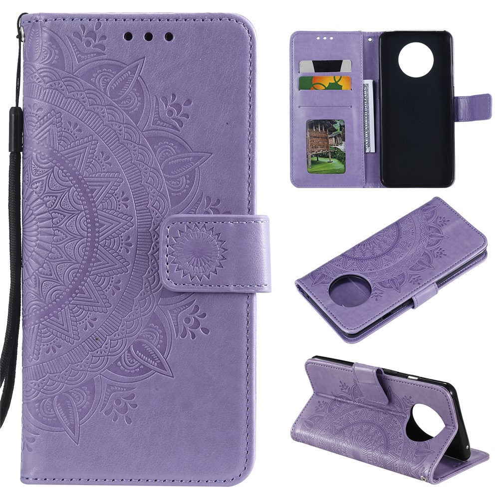 Imprinted Mandala Flower Stand Wallet Leather Case with Lanyard for Xiaomi Redmi Redmi Note 9 5G/Note 9T 5G