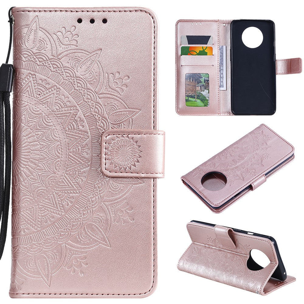 Imprinted Mandala Flower Stand Wallet Leather Case with Lanyard for Xiaomi Redmi Redmi Note 9 5G/Note 9T 5G