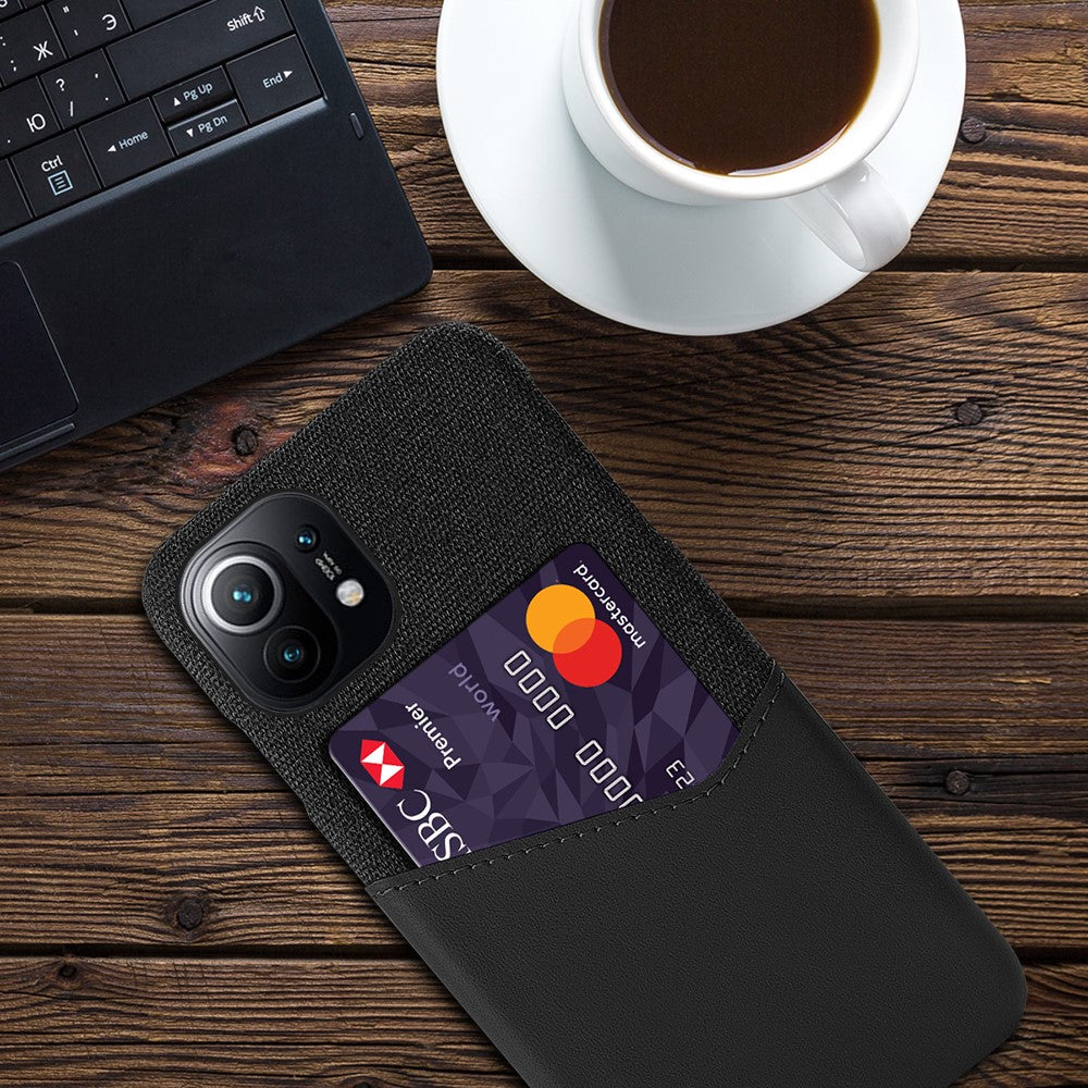 With Cloth + PU Leather Coated PC Back Cover with Back Card Holder Design for Xiaomi Mi 11