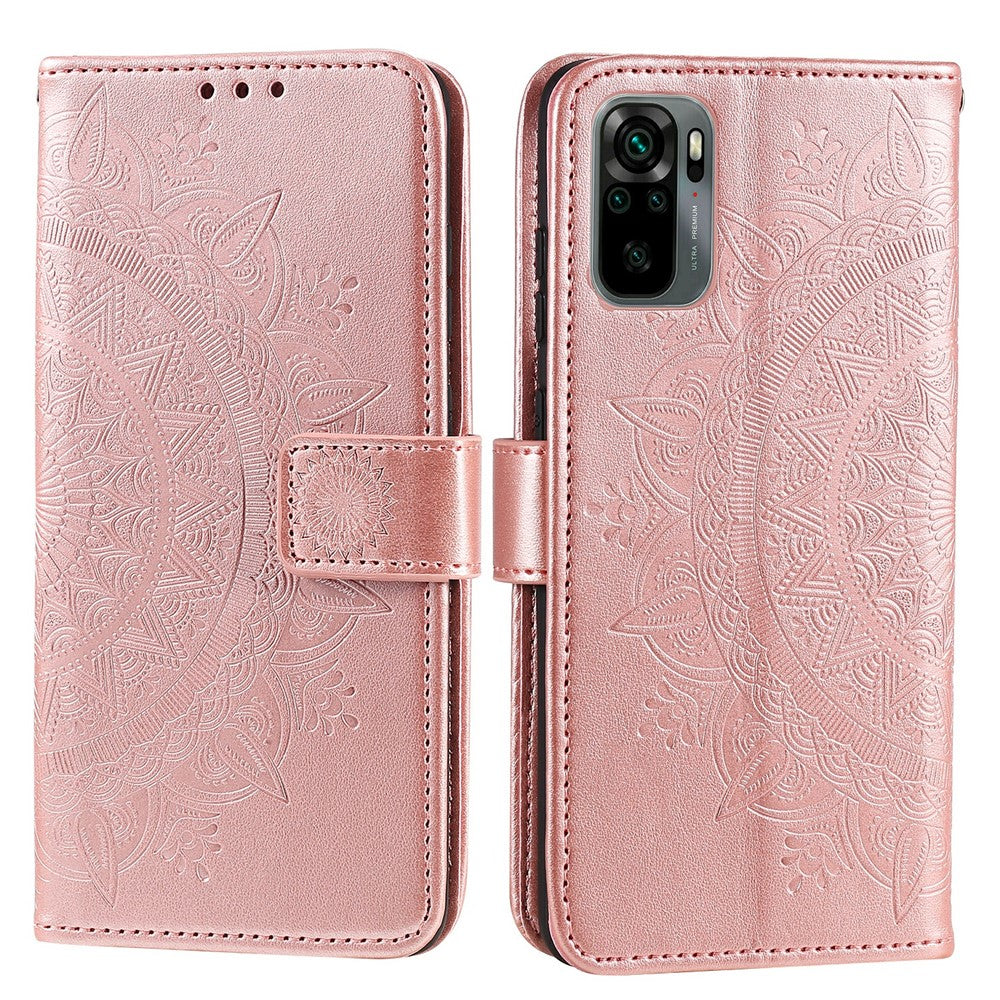 Imprinted Mandala Flower Wallet Leather Case with Strap for Xiaomi Poco M5s 4G / Redmi Note 10 4G / Note 10S 4G