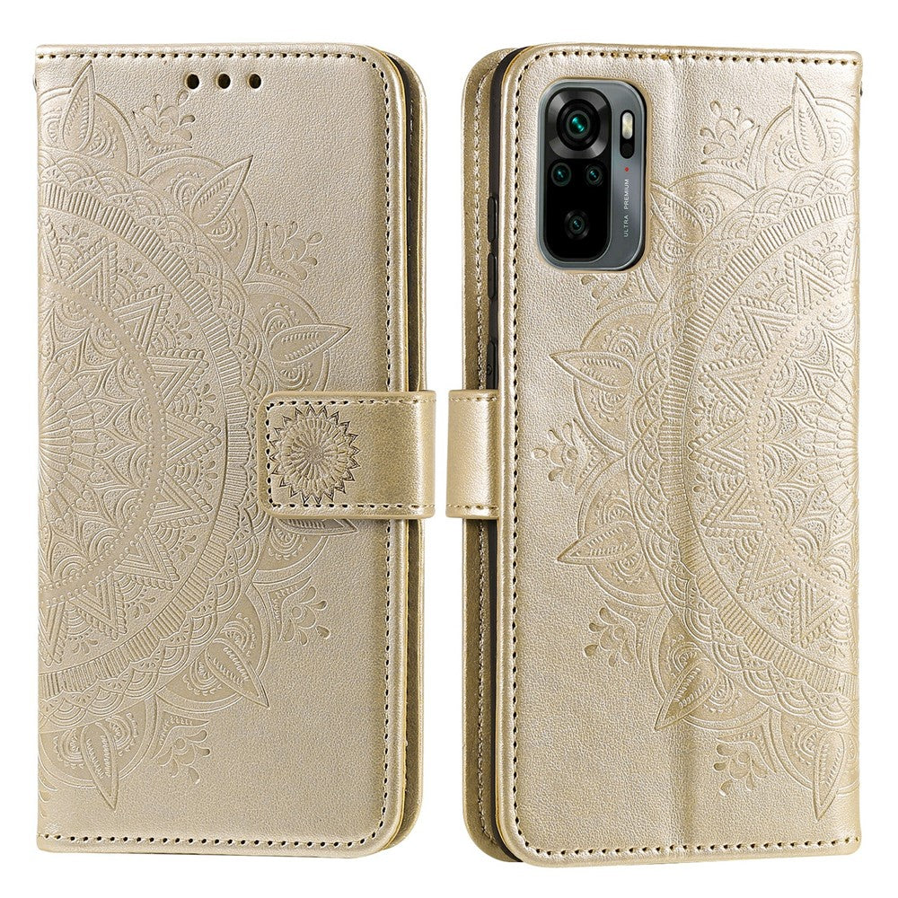 Imprinted Mandala Flower Wallet Leather Case with Strap for Xiaomi Poco M5s 4G / Redmi Note 10 4G / Note 10S 4G