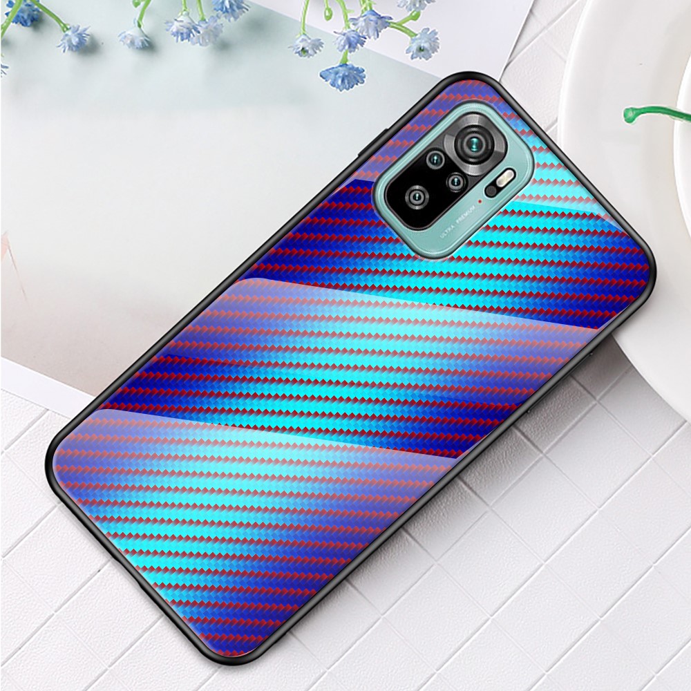 Carbon Fiber Texture Design Tempered Glass Phone Back Cover Case for Xiaomi Poco M5s 4G / Redmi Note 10 4G / Note 10S 4G Anti-Drop Protective Shell