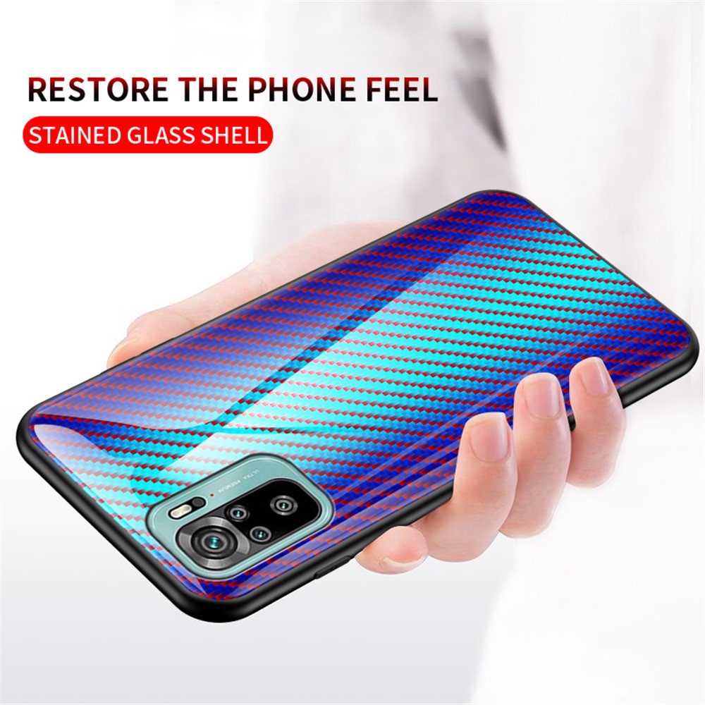 Carbon Fiber Texture Design Tempered Glass Phone Back Cover Case for Xiaomi Poco M5s 4G / Redmi Note 10 4G / Note 10S 4G Anti-Drop Protective Shell
