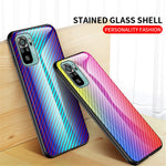 Carbon Fiber Texture Design Tempered Glass Phone Back Cover Case for Xiaomi Poco M5s 4G / Redmi Note 10 4G / Note 10S 4G Anti-Drop Protective Shell