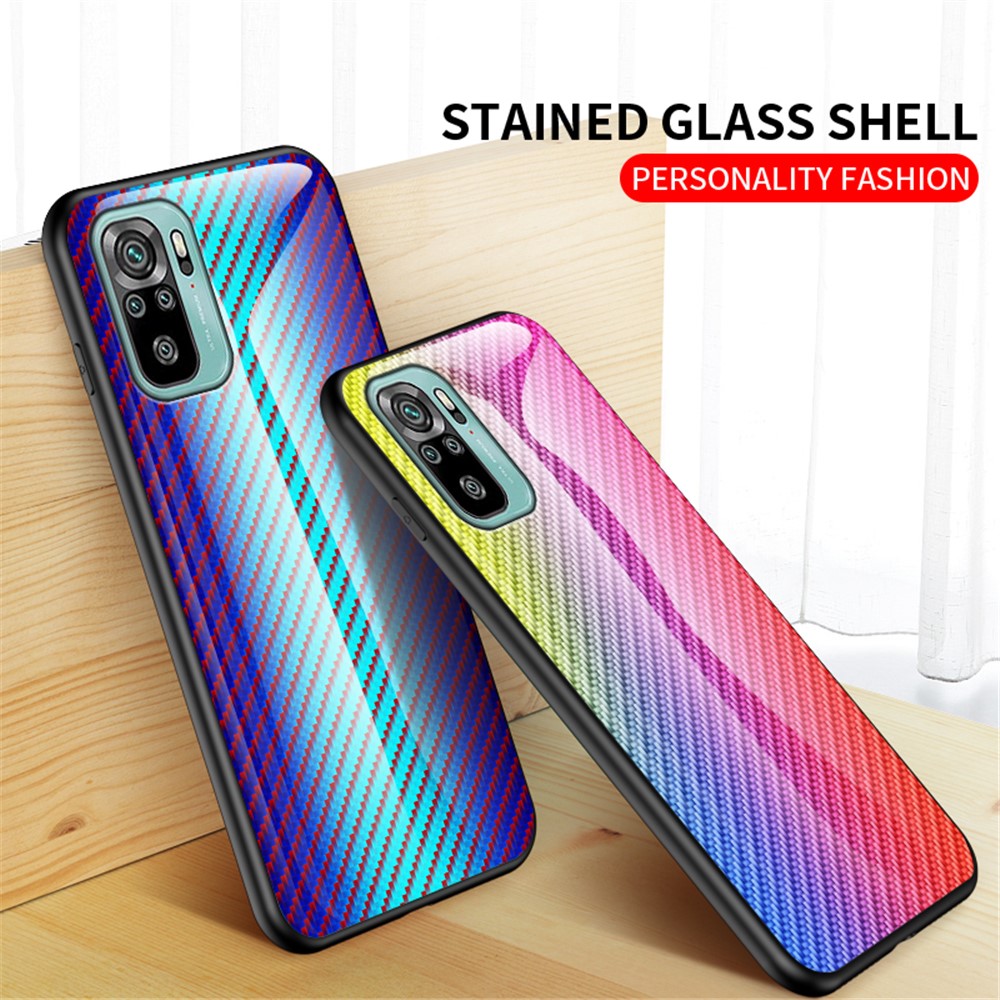 Carbon Fiber Texture Design Tempered Glass Phone Back Cover Case for Xiaomi Poco M5s 4G / Redmi Note 10 4G / Note 10S 4G Anti-Drop Protective Shell