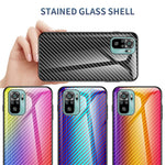 Carbon Fiber Texture Design Tempered Glass Phone Back Cover Case for Xiaomi Poco M5s 4G / Redmi Note 10 4G / Note 10S 4G Anti-Drop Protective Shell