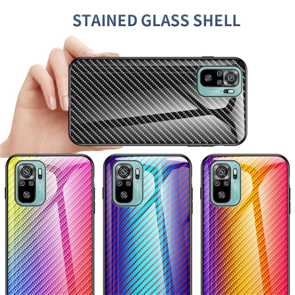 Carbon Fiber Texture Design Tempered Glass Phone Back Cover Case for Xiaomi Poco M5s 4G / Redmi Note 10 4G / Note 10S 4G Anti-Drop Protective Shell