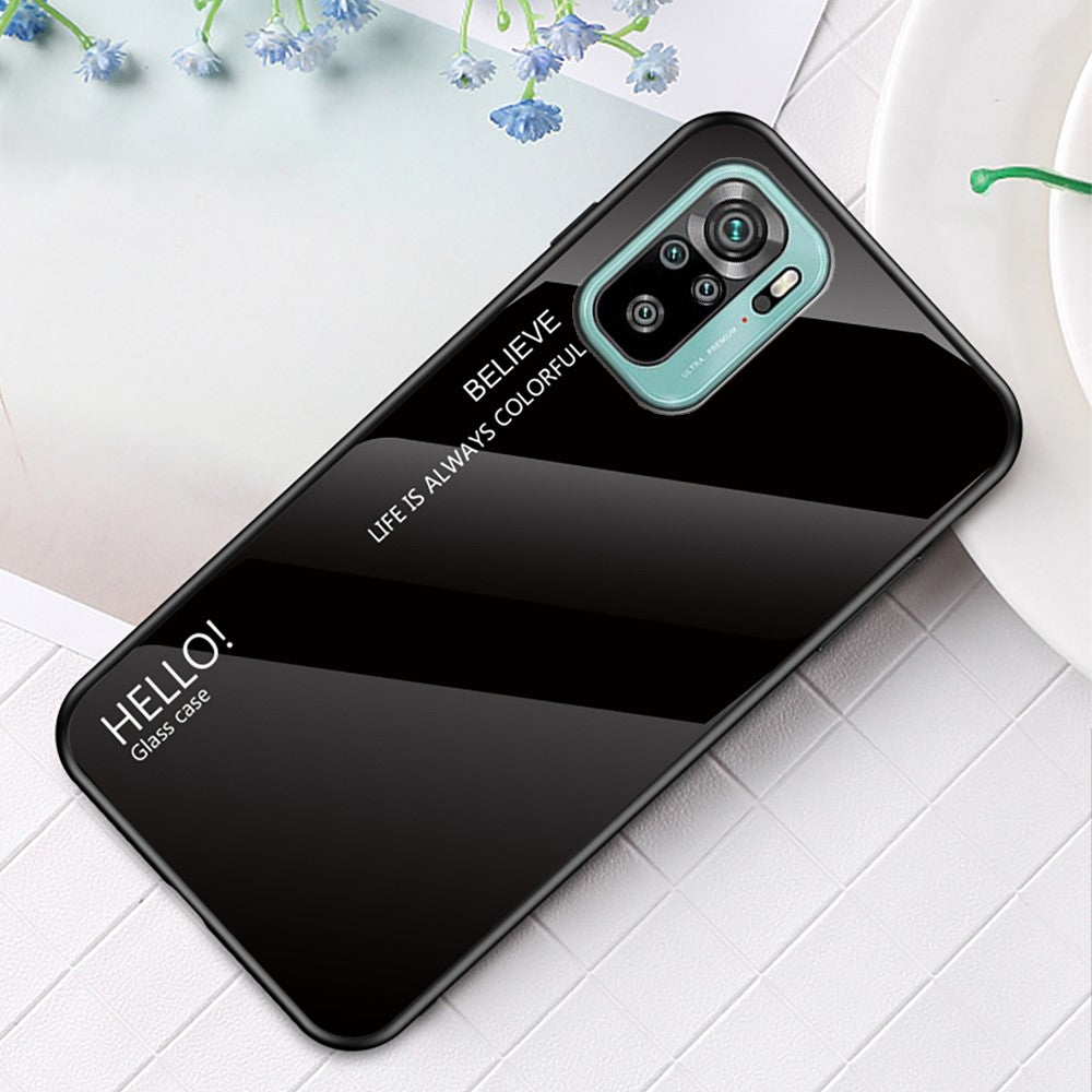 Anti-Scratch TPU Frame Color Gradient Design Tempered Glass Cell Phone Back Case for Xiaomi Poco M5s 4G / Redmi Note 10 4G / Note 10S 4G