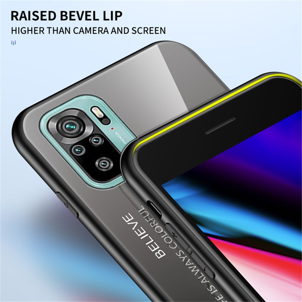Anti-Scratch TPU Frame Color Gradient Design Tempered Glass Cell Phone Back Case for Xiaomi Poco M5s 4G / Redmi Note 10 4G / Note 10S 4G