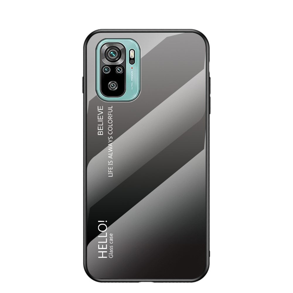 Anti-Scratch TPU Frame Color Gradient Design Tempered Glass Cell Phone Back Case for Xiaomi Poco M5s 4G / Redmi Note 10 4G / Note 10S 4G