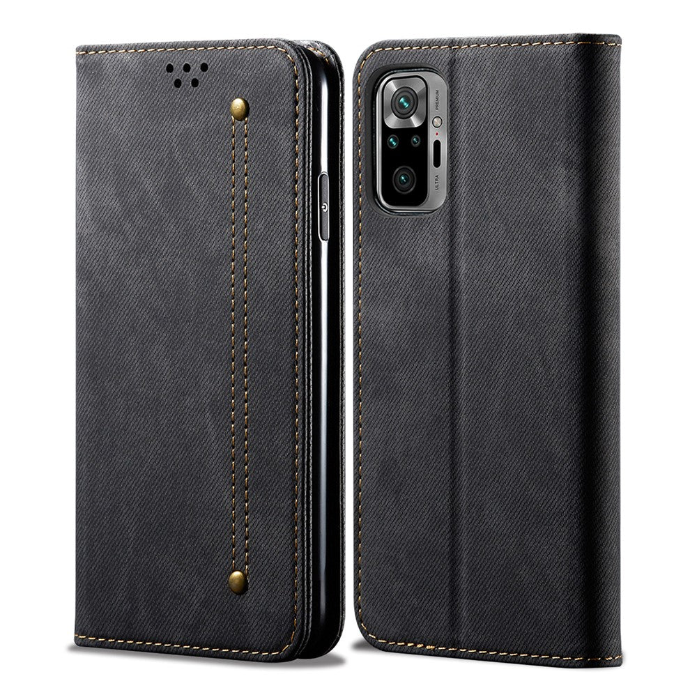 Jeans Cloth Texture Leisure Style Phone Shell Cover Wallet Stand for Xiaomi Poco M5s 4G / Redmi Note 10 4G / Note 10S 4G
