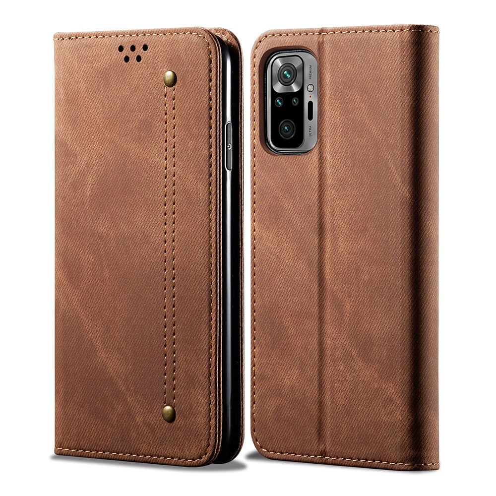 Jeans Cloth Texture Leisure Style Phone Shell Cover Wallet Stand for Xiaomi Poco M5s 4G / Redmi Note 10 4G / Note 10S 4G