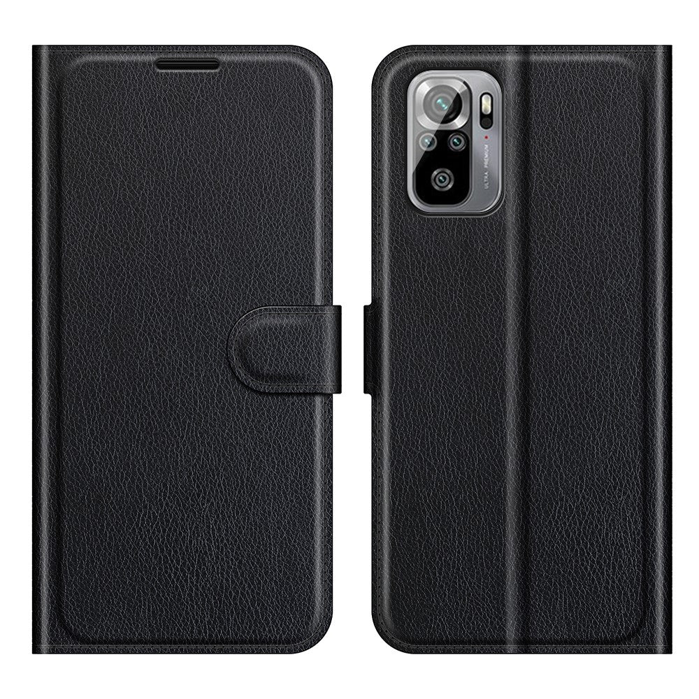 Auto Magnet Suction Design Litchi Texture Split Leather Wallet Stand Cover Case for Xiaomi Poco M5s 4G / Redmi Note 10 4G / Note 10S 4G
