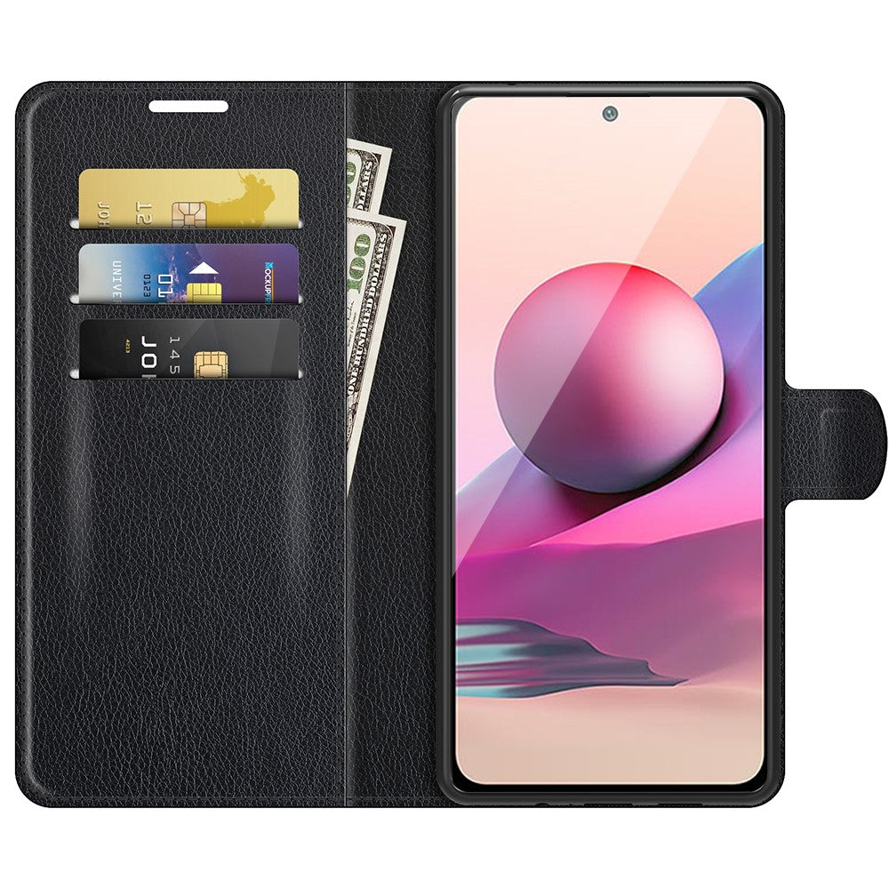 Auto Magnet Suction Design Litchi Texture Split Leather Wallet Stand Cover Case for Xiaomi Poco M5s 4G / Redmi Note 10 4G / Note 10S 4G