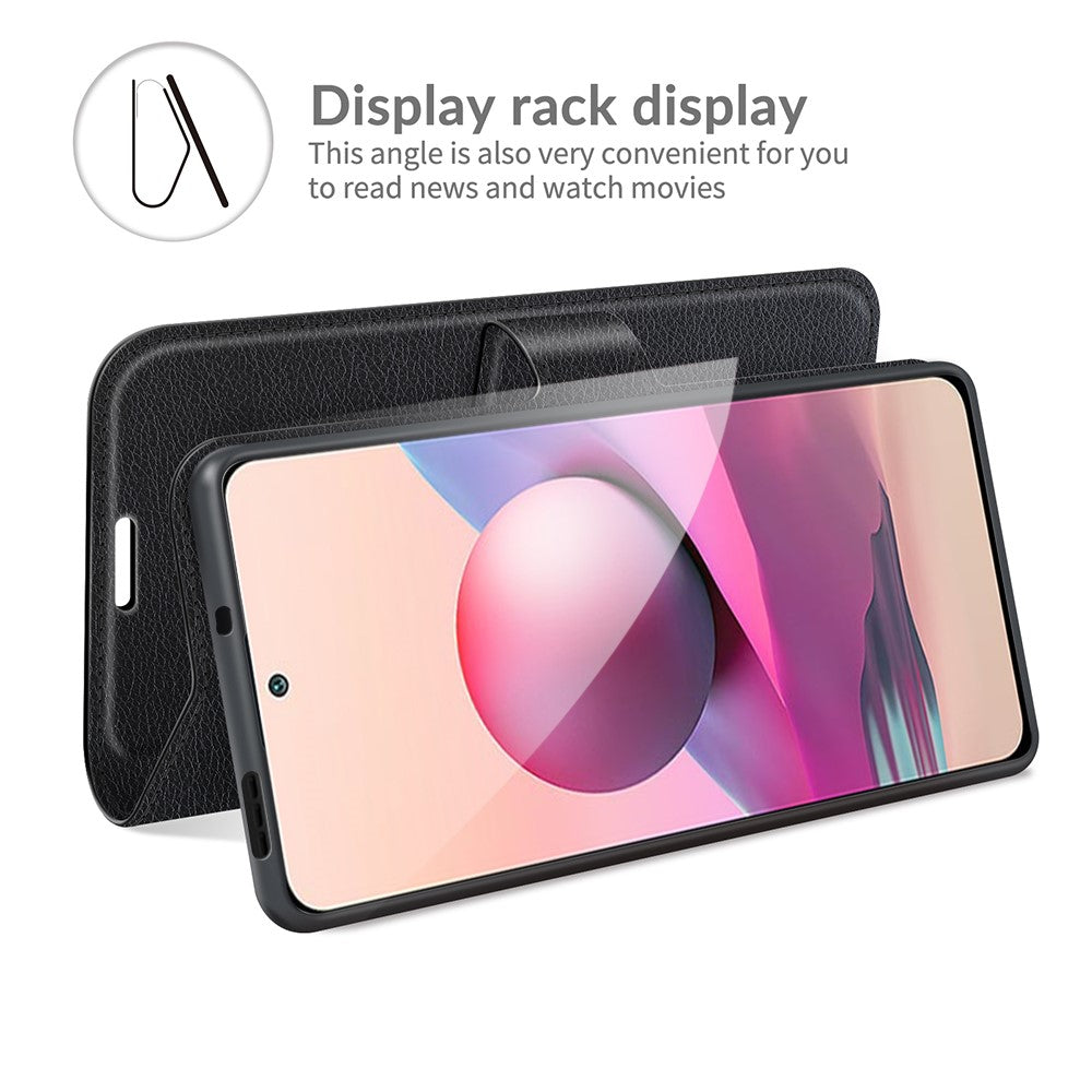 Auto Magnet Suction Design Litchi Texture Split Leather Wallet Stand Cover Case for Xiaomi Poco M5s 4G / Redmi Note 10 4G / Note 10S 4G