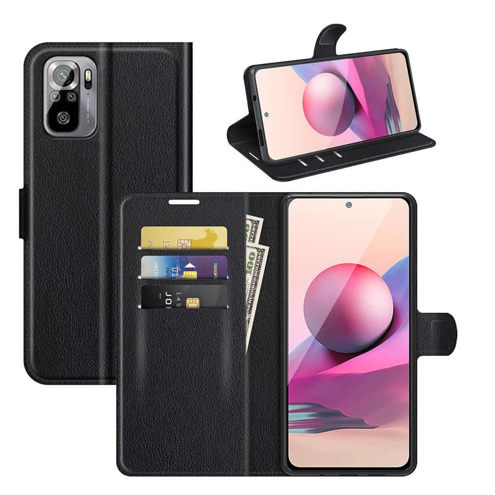 Auto Magnet Suction Design Litchi Texture Split Leather Wallet Stand Cover Case for Xiaomi Poco M5s 4G / Redmi Note 10 4G / Note 10S 4G