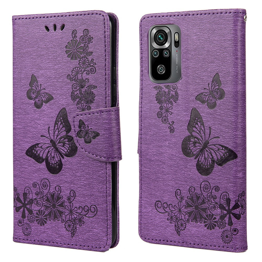 Imprinted Butterflies Flower Leather Wallet Stand Case for Xiaomi Redmi Note 10 4G / Note 10S / Poco M5s 4G