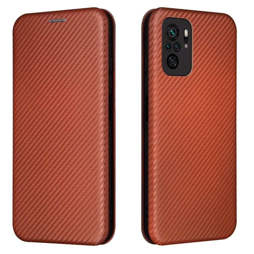 Auto-absorbed Stand Carbon Fiber Texture Leather Shell Cover for Xiaomi Redmi Note 10 4G / Redmi Note 10S / Poco M5s 4G
