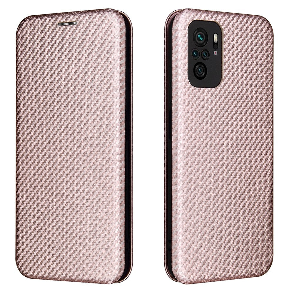 Auto-absorbed Stand Carbon Fiber Texture Leather Shell Cover for Xiaomi Redmi Note 10 4G / Redmi Note 10S / Poco M5s 4G