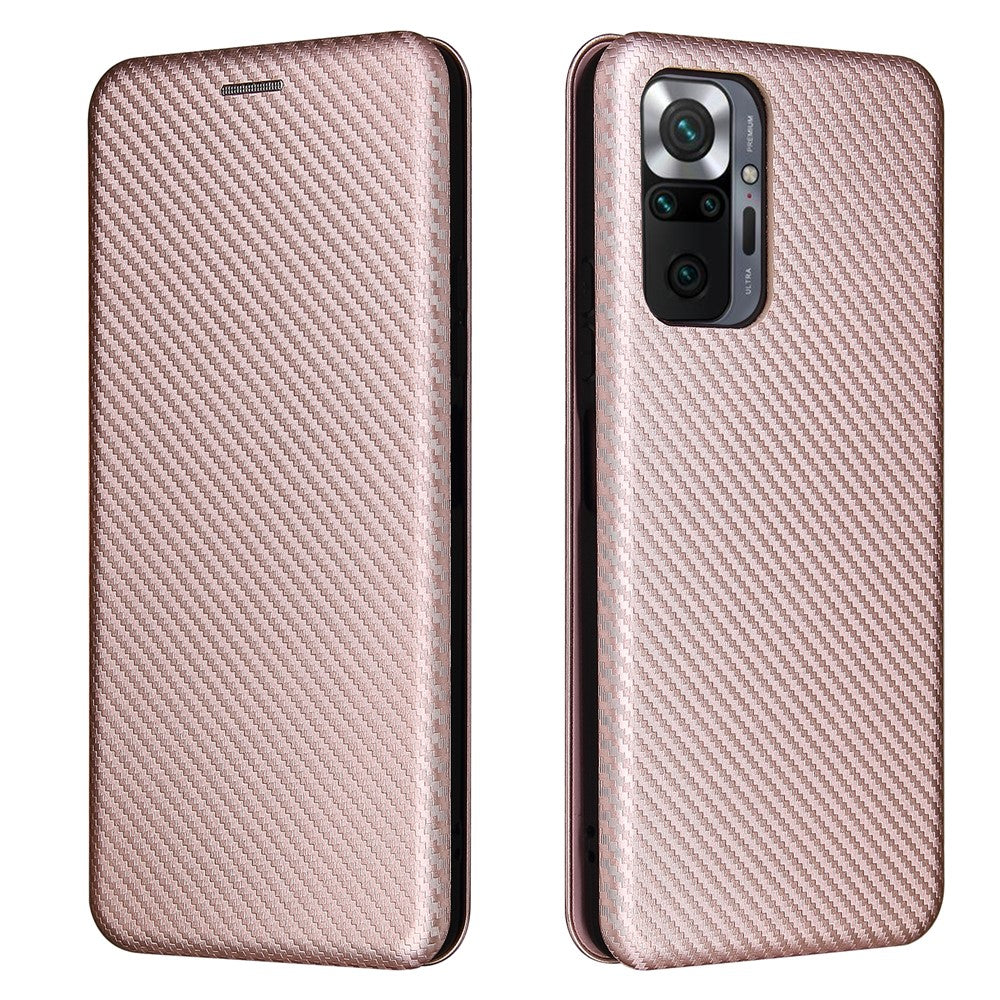 For Xiaomi Redmi Note 10 Pro / Pro Max Auto-absorbed Leather Cover Carbon Fiber Texture with Detachable Ring Kickstand Strap