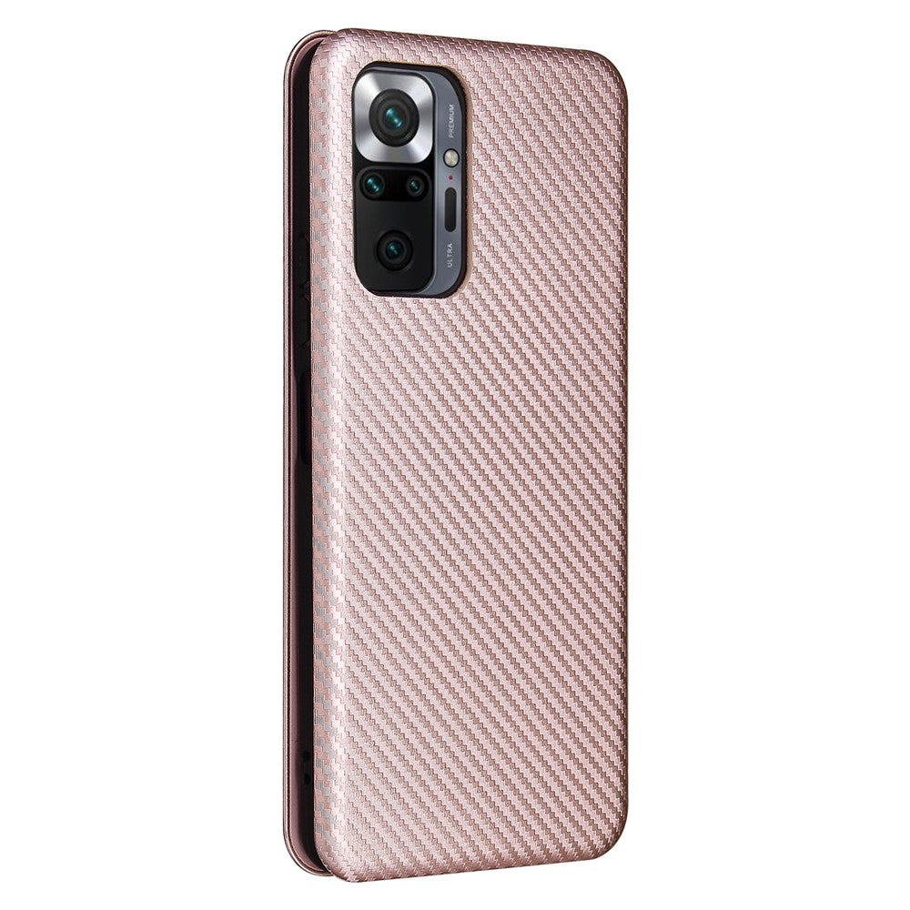 For Xiaomi Redmi Note 10 Pro / Pro Max Auto-absorbed Leather Cover Carbon Fiber Texture with Detachable Ring Kickstand Strap