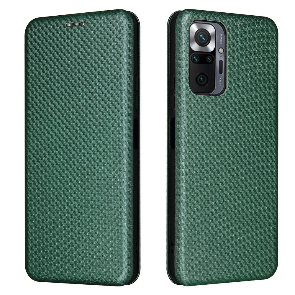 For Xiaomi Redmi Note 10 Pro / Pro Max Auto-absorbed Leather Cover Carbon Fiber Texture with Detachable Ring Kickstand Strap