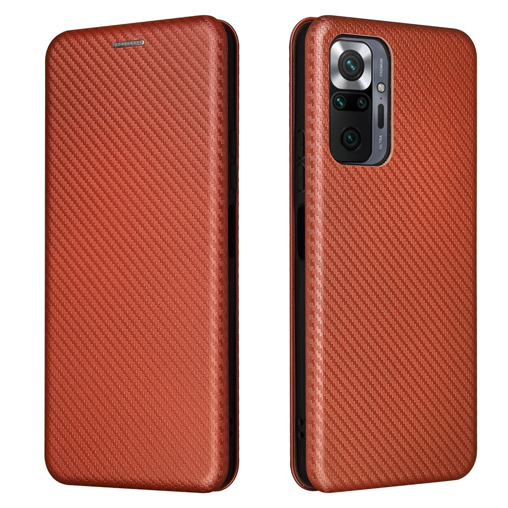 For Xiaomi Redmi Note 10 Pro / Pro Max Auto-absorbed Leather Cover Carbon Fiber Texture with Detachable Ring Kickstand Strap