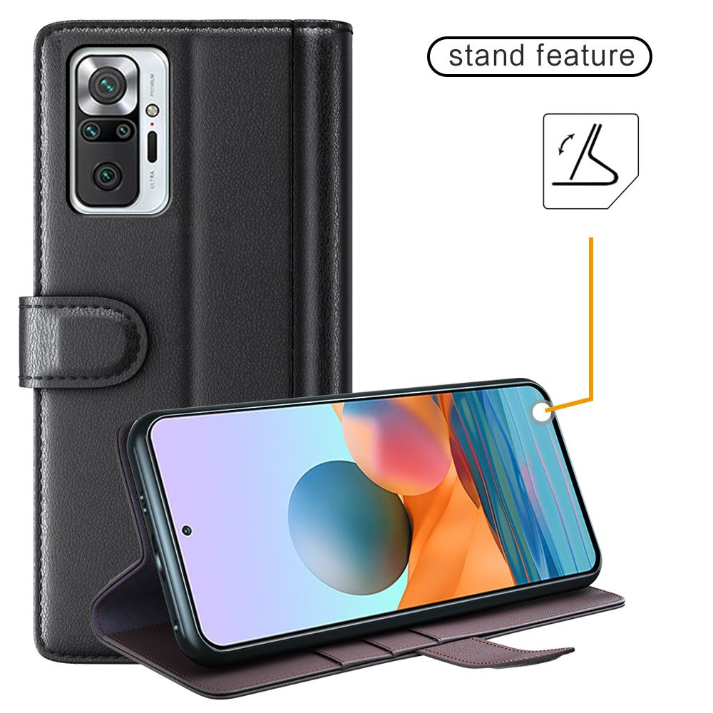 Genuine Leather Stand Wallet Case Shell for Xiaomi Redmi Note 10 Pro 4G (Global)