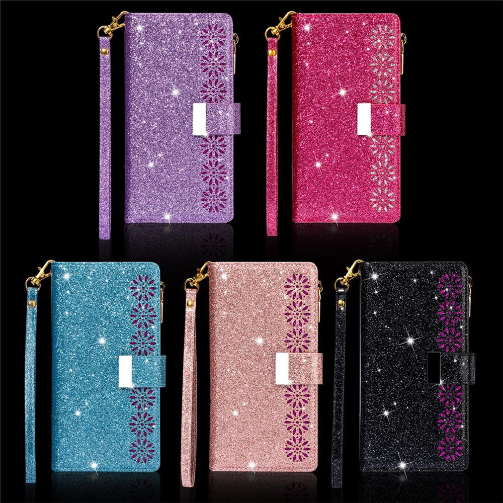 Glittery Starry Style Laser Carving Zipper Wallet Stand Leather Case for Xiaomi Redmi Note 10 Pro