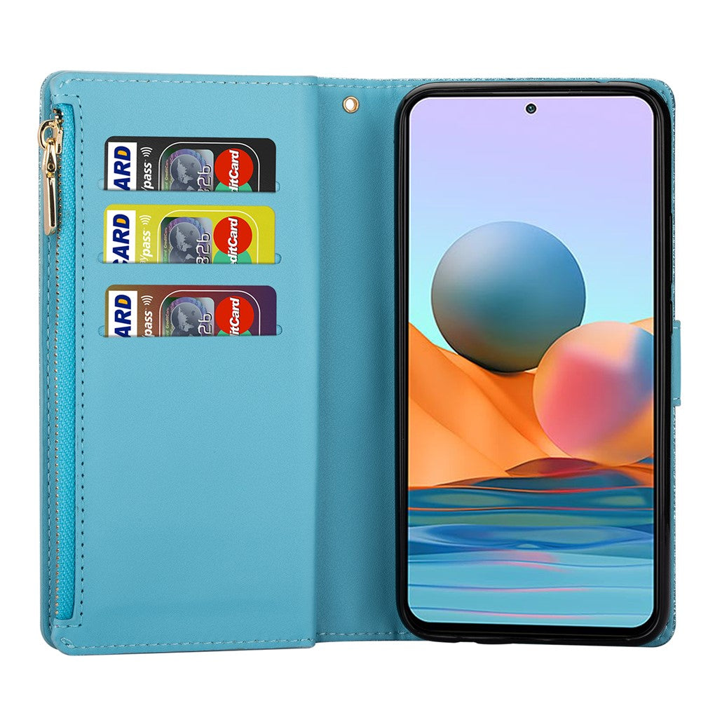 Glittery Starry Style Laser Carving Zipper Wallet Stand Leather Case for Xiaomi Redmi Note 10 Pro