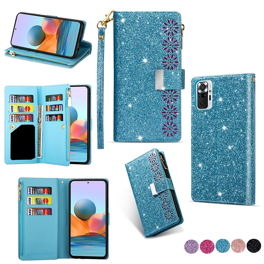 Glittery Starry Style Laser Carving Zipper Wallet Stand Leather Case for Xiaomi Redmi Note 10 Pro