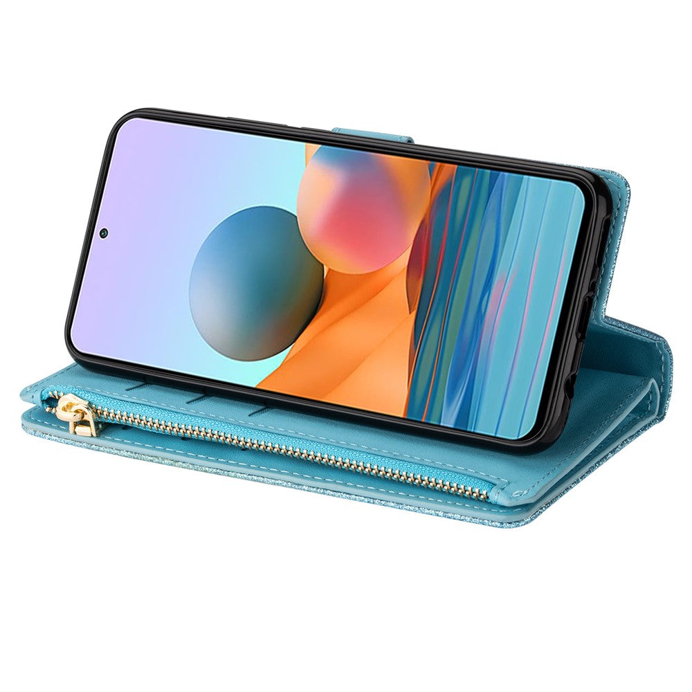 Glittery Starry Style Laser Carving Zipper Wallet Stand Leather Case for Xiaomi Redmi Note 10 Pro