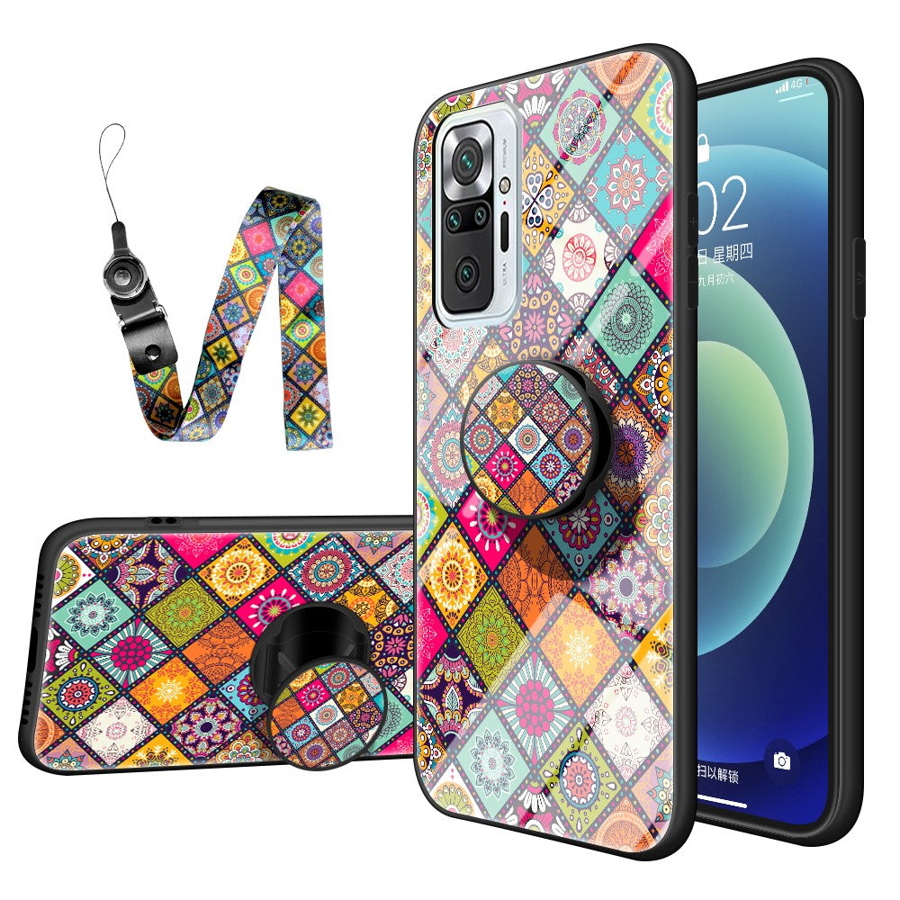 Färgglatt blomtrycksdesign i glashybrid-mobilskal med snodd för Xiaomi Redmi Note 10 Pro