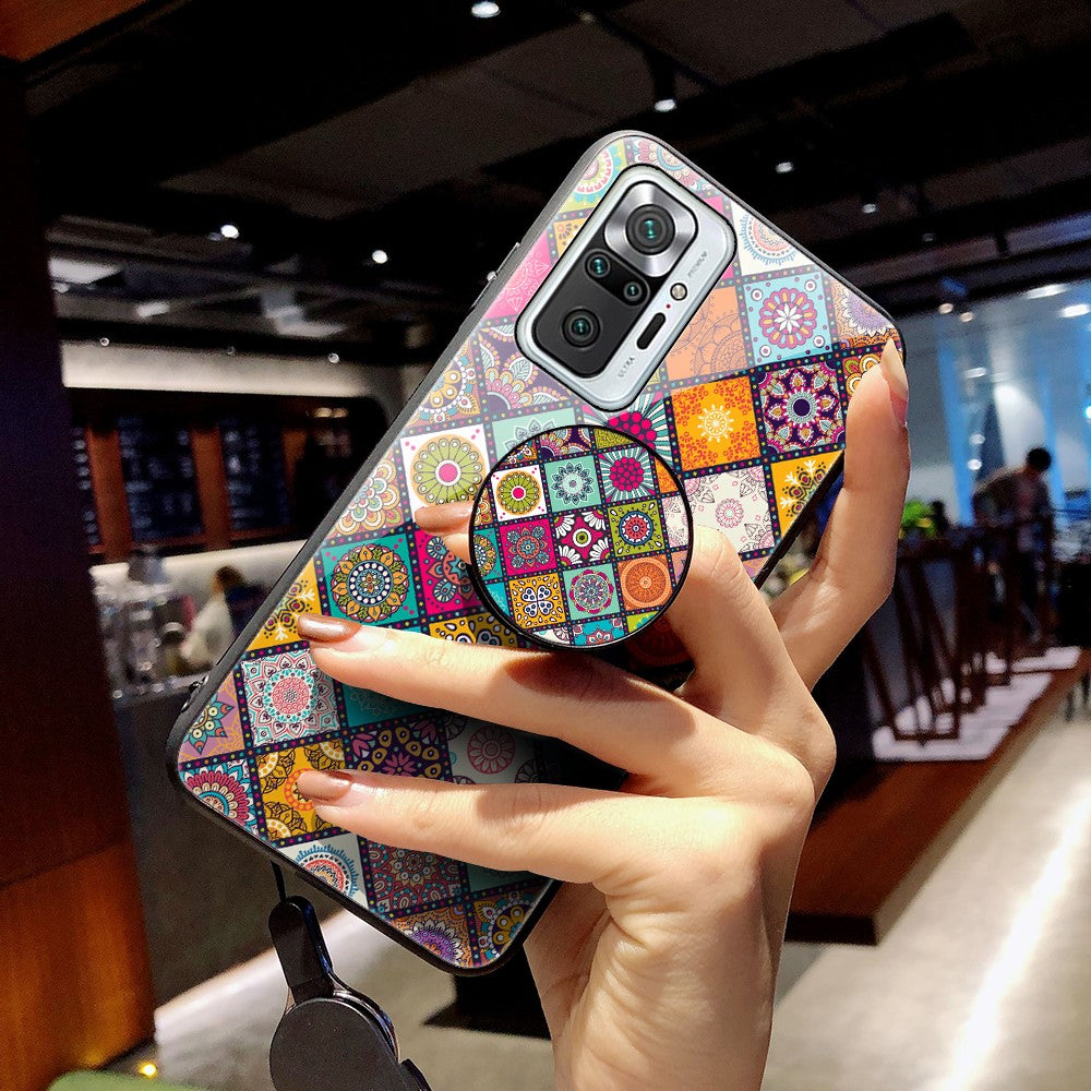 Färgglatt blomtrycksdesign i glashybrid-mobilskal med snodd för Xiaomi Redmi Note 10 Pro