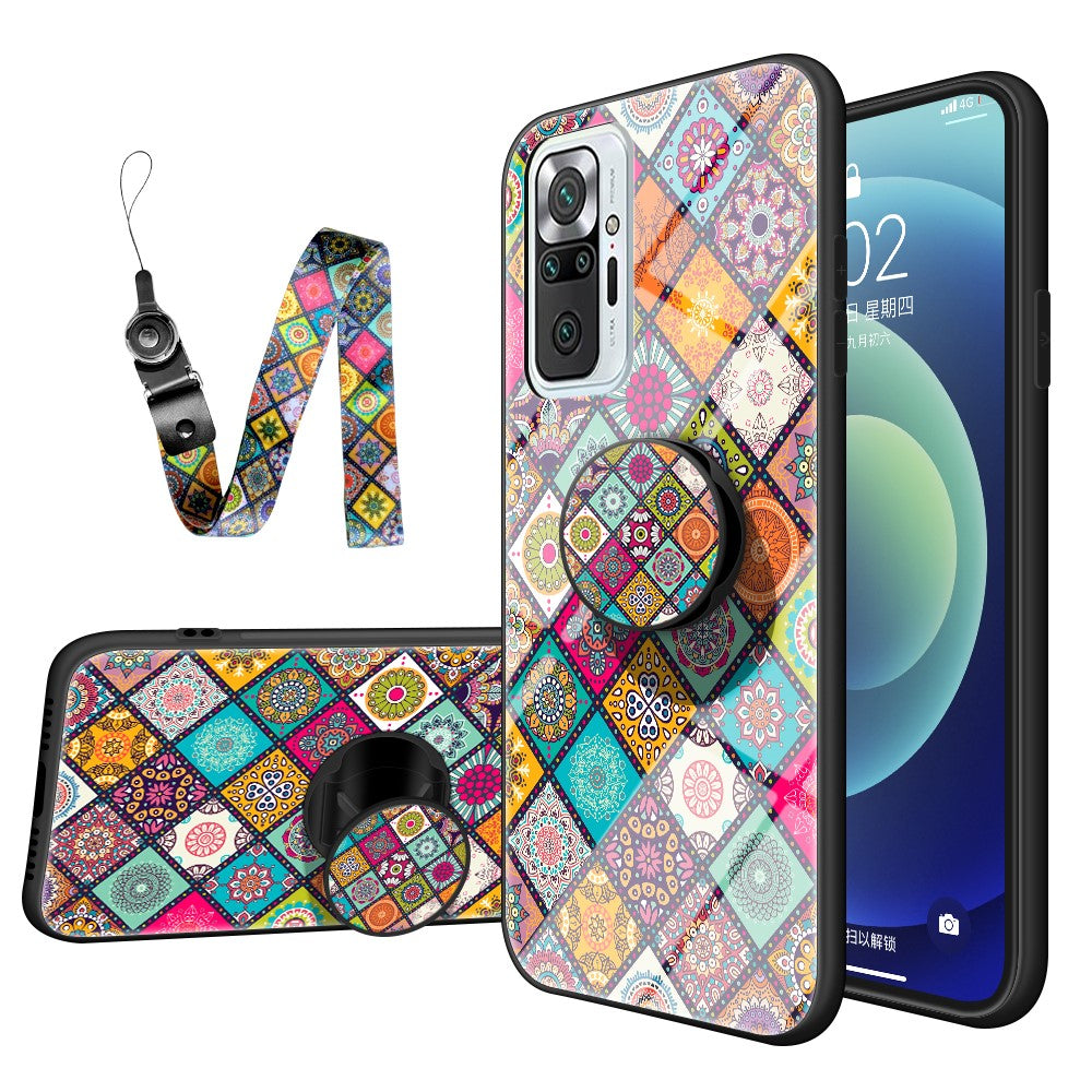 Färgglatt blomtrycksdesign i glashybrid-mobilskal med snodd för Xiaomi Redmi Note 10 Pro