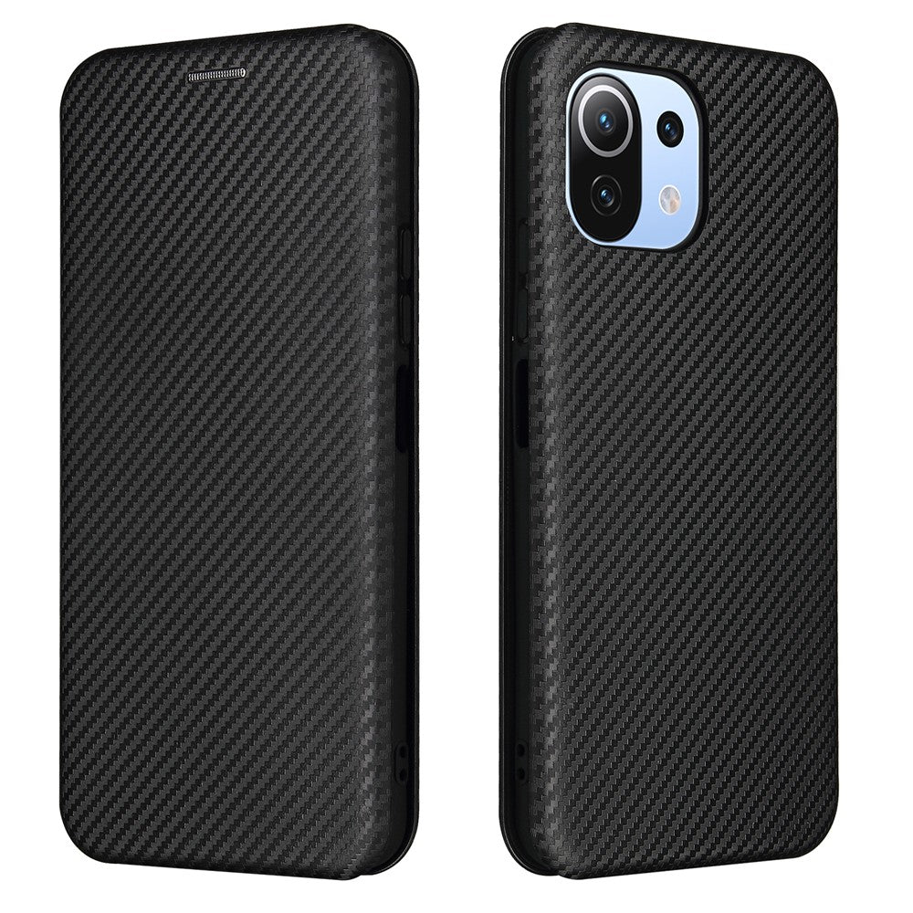 Xiaomi Mi 11 Lite 4G/5G / 11 Lite 5G NE Kolfibertextur Magnetiskt Självabsorberande Läder Stativ mobilskal med Kortplats