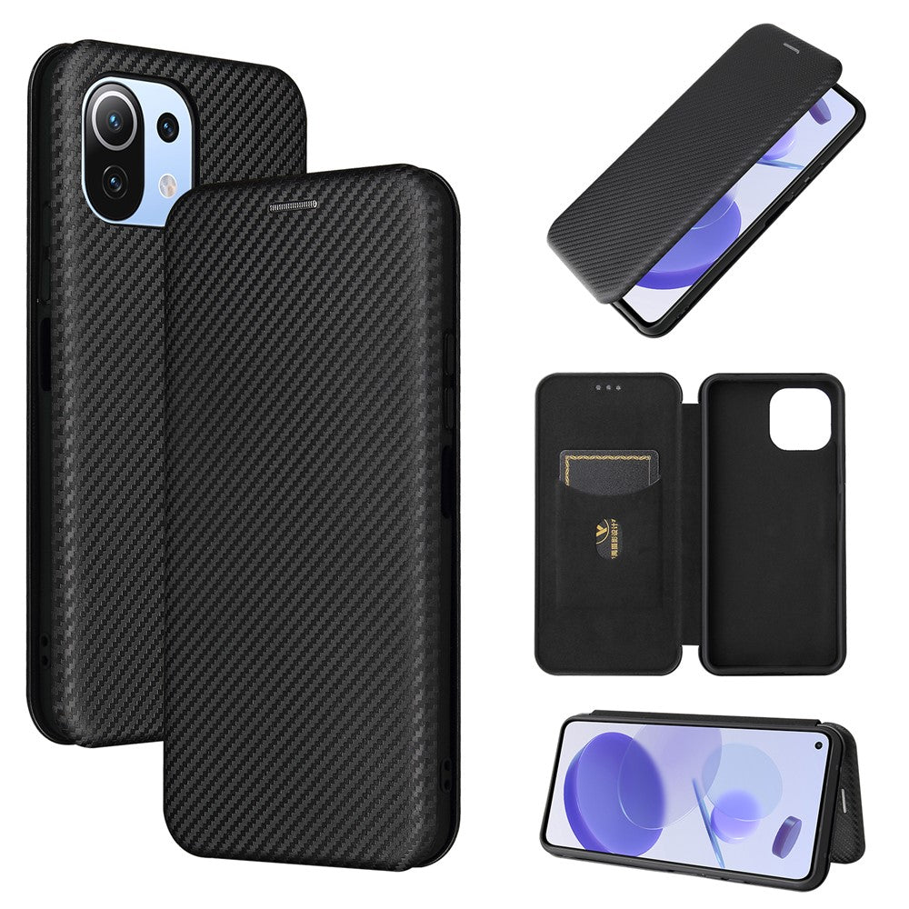 Xiaomi Mi 11 Lite 4G/5G / 11 Lite 5G NE Kolfibertextur Magnetiskt Självabsorberande Läder Stativ mobilskal med Kortplats