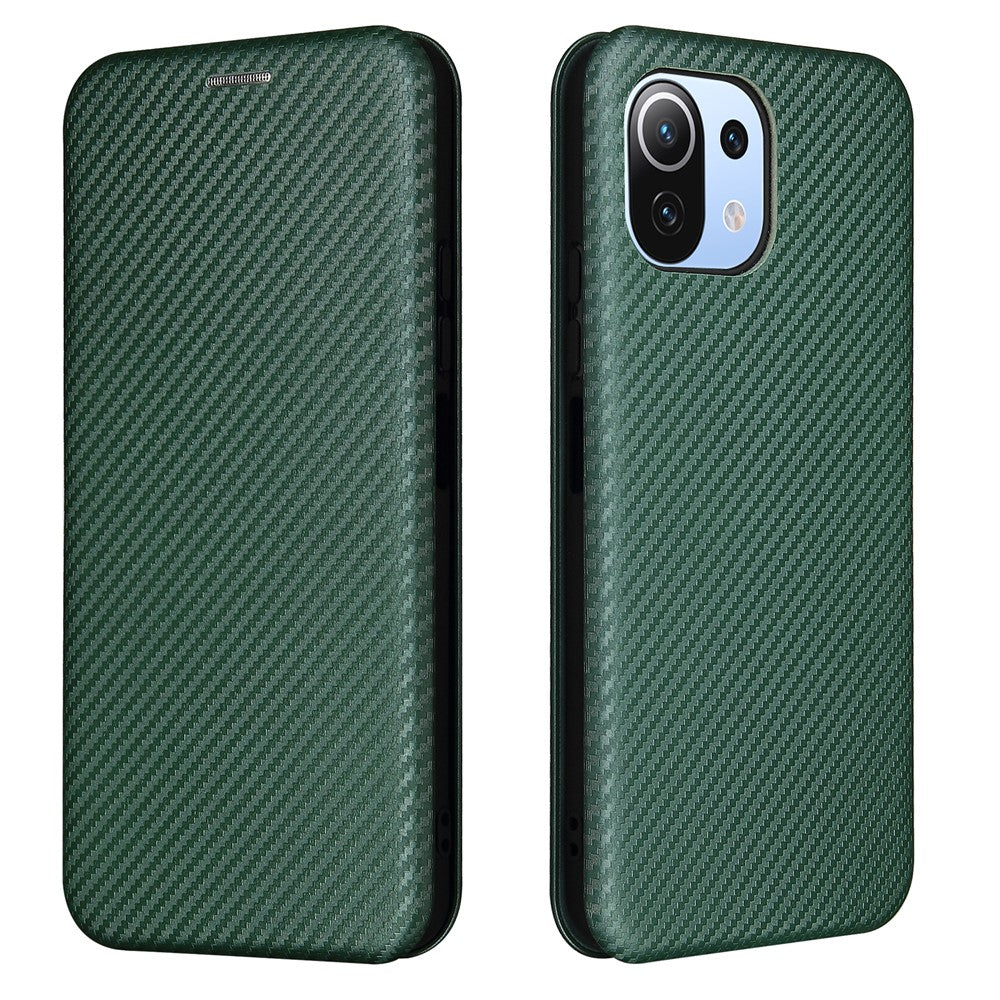 Xiaomi Mi 11 Lite 4G/5G / 11 Lite 5G NE Kolfibertextur Magnetiskt Självabsorberande Läder Stativ mobilskal med Kortplats